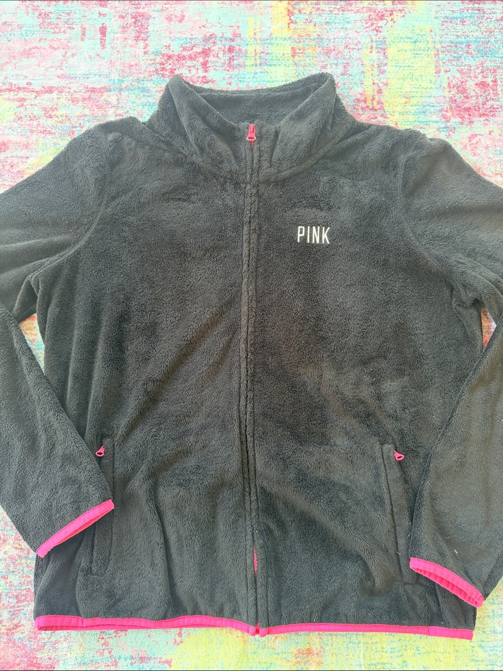 PINK Victoria's Secret Black Fleece Jacket with Pink Accents - Picture 2 of 8